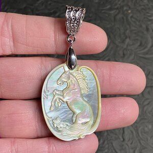 Rearing Horse and Flower Mother of Pearl Pendant